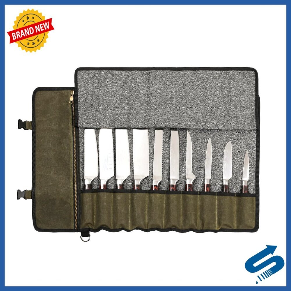 Professional Chef Knife Bag Heavy Duty Waxed Canvas 10 Slots Cut Resistant Liner